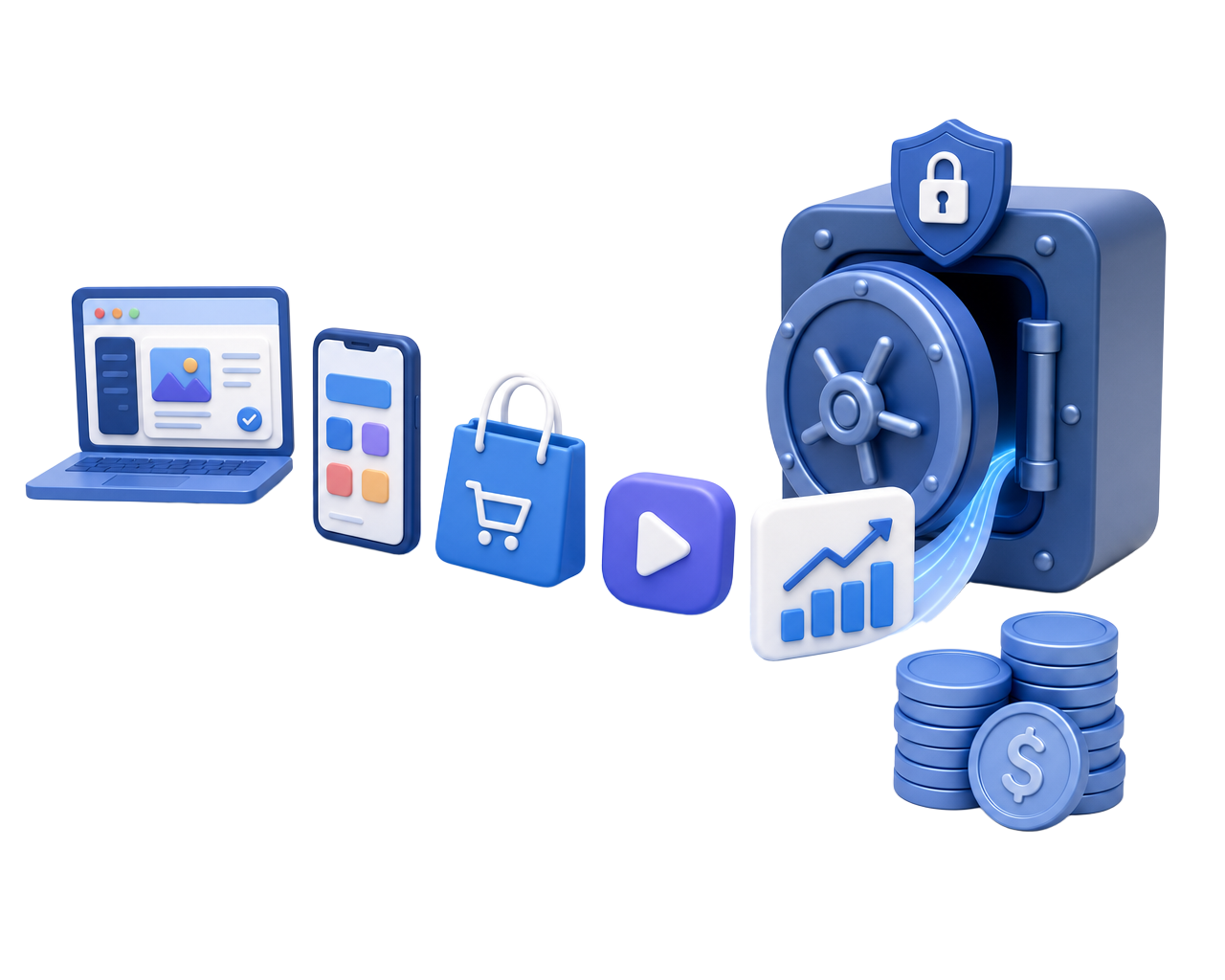Digital assets flowing through a guided sales process into a secure payout